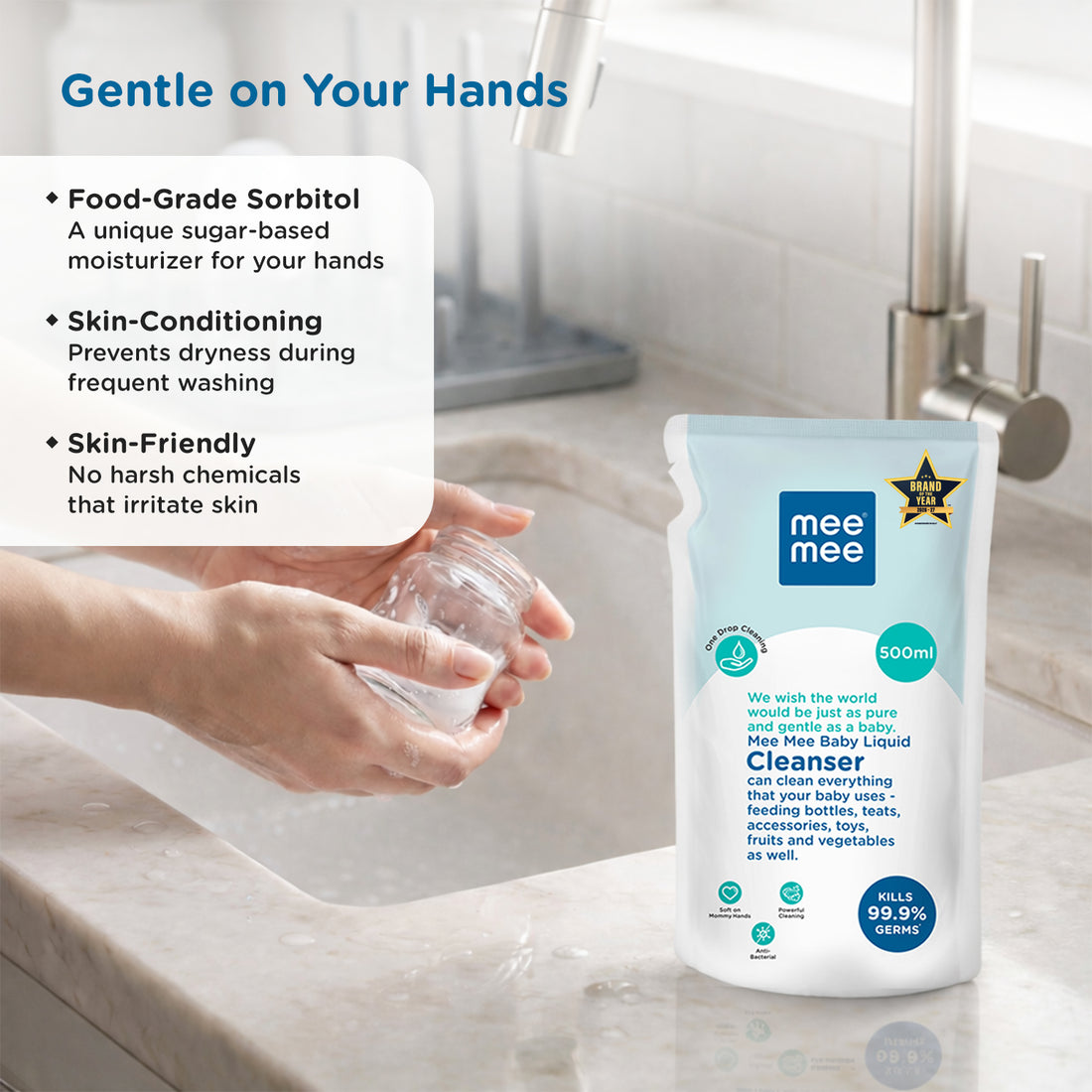 Mee Mee Liquid Cleanser 500 ml | Anti-Bacterial Formula Kills 99.9% Germs | For Bottles, Nipples, Accessories, Toys, Fruits & Vegetables | Alcohol-Free, One-Drop Cleaning, Dermatologically Tested