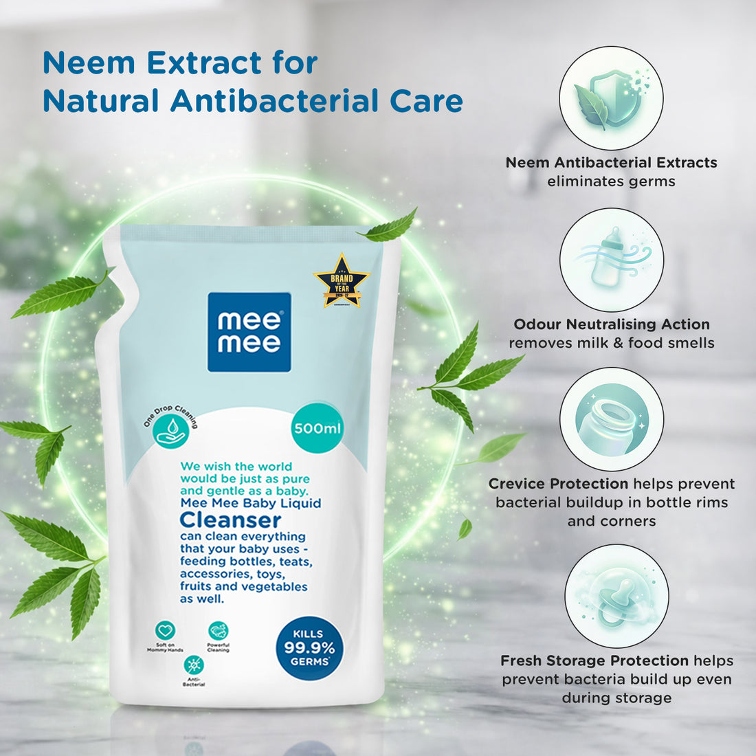 Mee Mee Liquid Cleanser 500 ml | Anti-Bacterial Formula Kills 99.9% Germs | For Bottles, Nipples, Accessories, Toys, Fruits & Vegetables | Alcohol-Free, One-Drop Cleaning, Dermatologically Tested