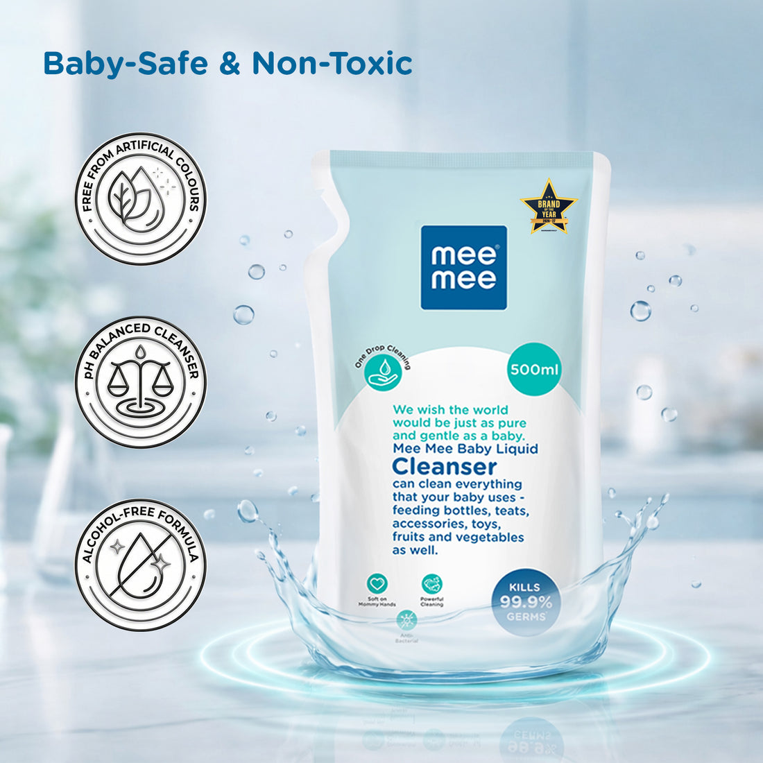 Mee Mee Liquid Cleanser 500 ml | Anti-Bacterial Formula Kills 99.9% Germs | For Bottles, Nipples, Accessories, Toys, Fruits & Vegetables | Alcohol-Free, One-Drop Cleaning, Dermatologically Tested