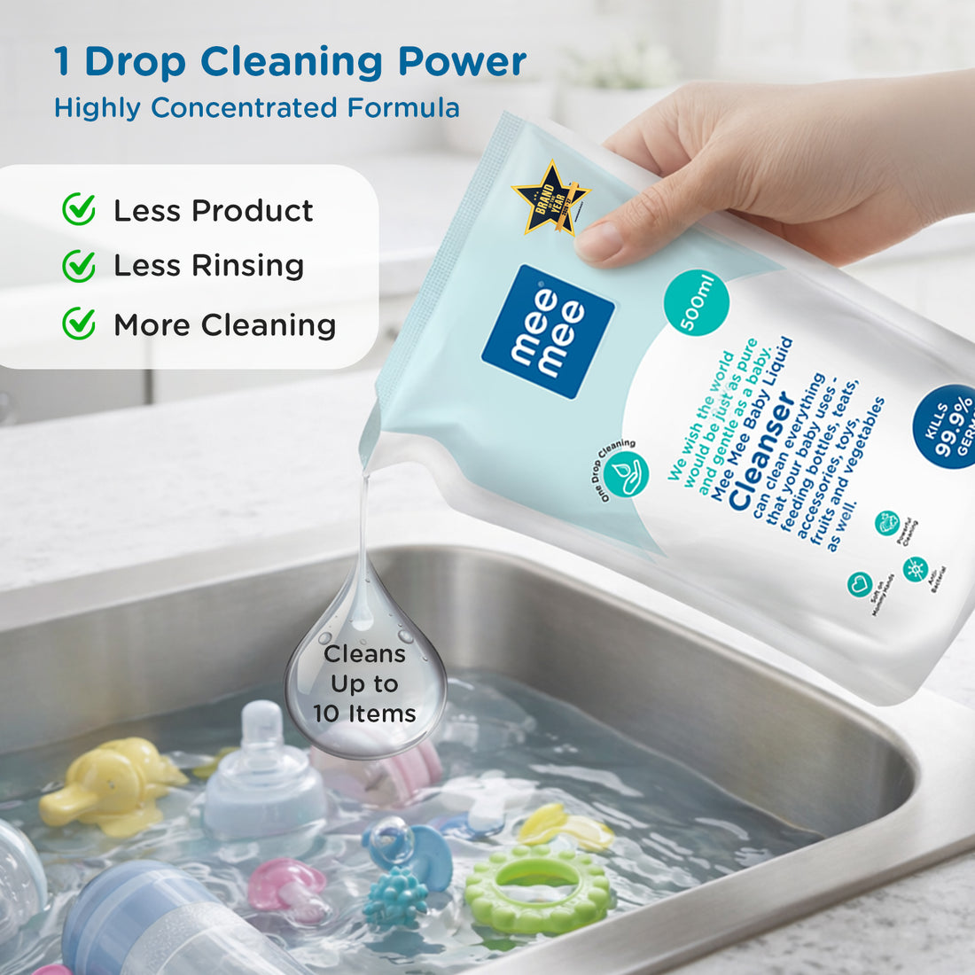 Mee Mee Liquid Cleanser 500 ml | Anti-Bacterial Formula Kills 99.9% Germs | For Bottles, Nipples, Accessories, Toys, Fruits & Vegetables | Alcohol-Free, One-Drop Cleaning, Dermatologically Tested