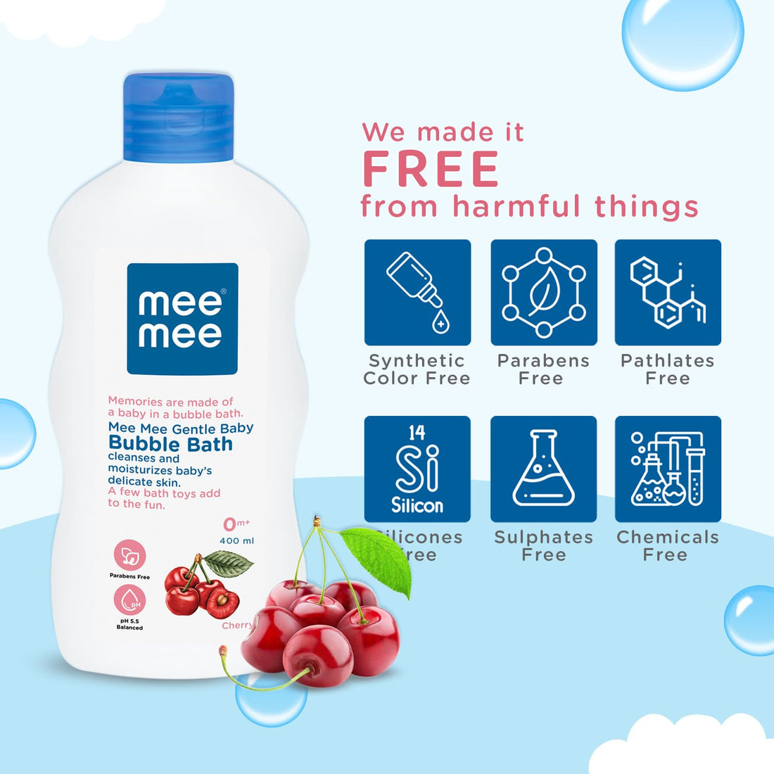 Mee Mee Body Wash 400 ml (Pack of 1) | Cherry & Fruit Extracts | Tear-Free Formula | Moisturizes and Soothes Skin | Natural Head-to-Toe Mild Bubble Bath, Dermatologically Tested