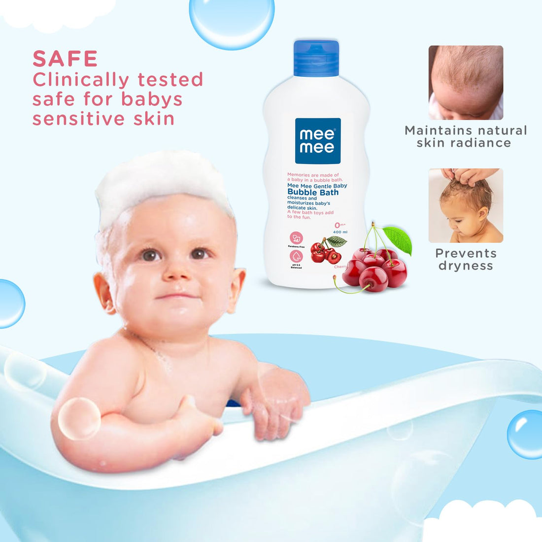 Mee Mee Body Wash 400 ml (Pack of 1) | Cherry & Fruit Extracts | Tear-Free Formula | Moisturizes and Soothes Skin | Natural Head-to-Toe Mild Bubble Bath, Dermatologically Tested