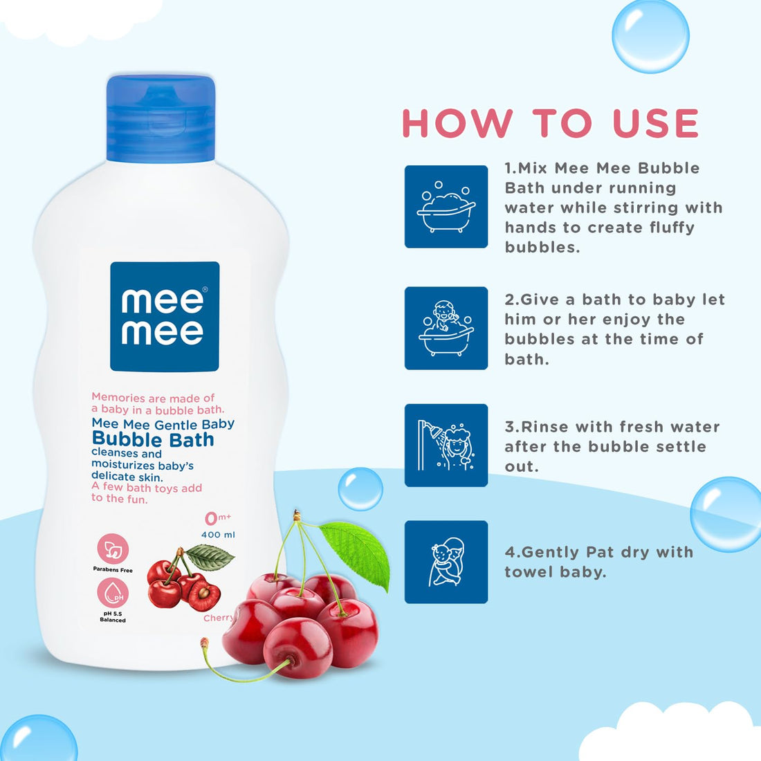 Mee Mee Body Wash 400 ml (Pack of 1) | Cherry & Fruit Extracts | Tear-Free Formula | Moisturizes and Soothes Skin | Natural Head-to-Toe Mild Bubble Bath, Dermatologically Tested
