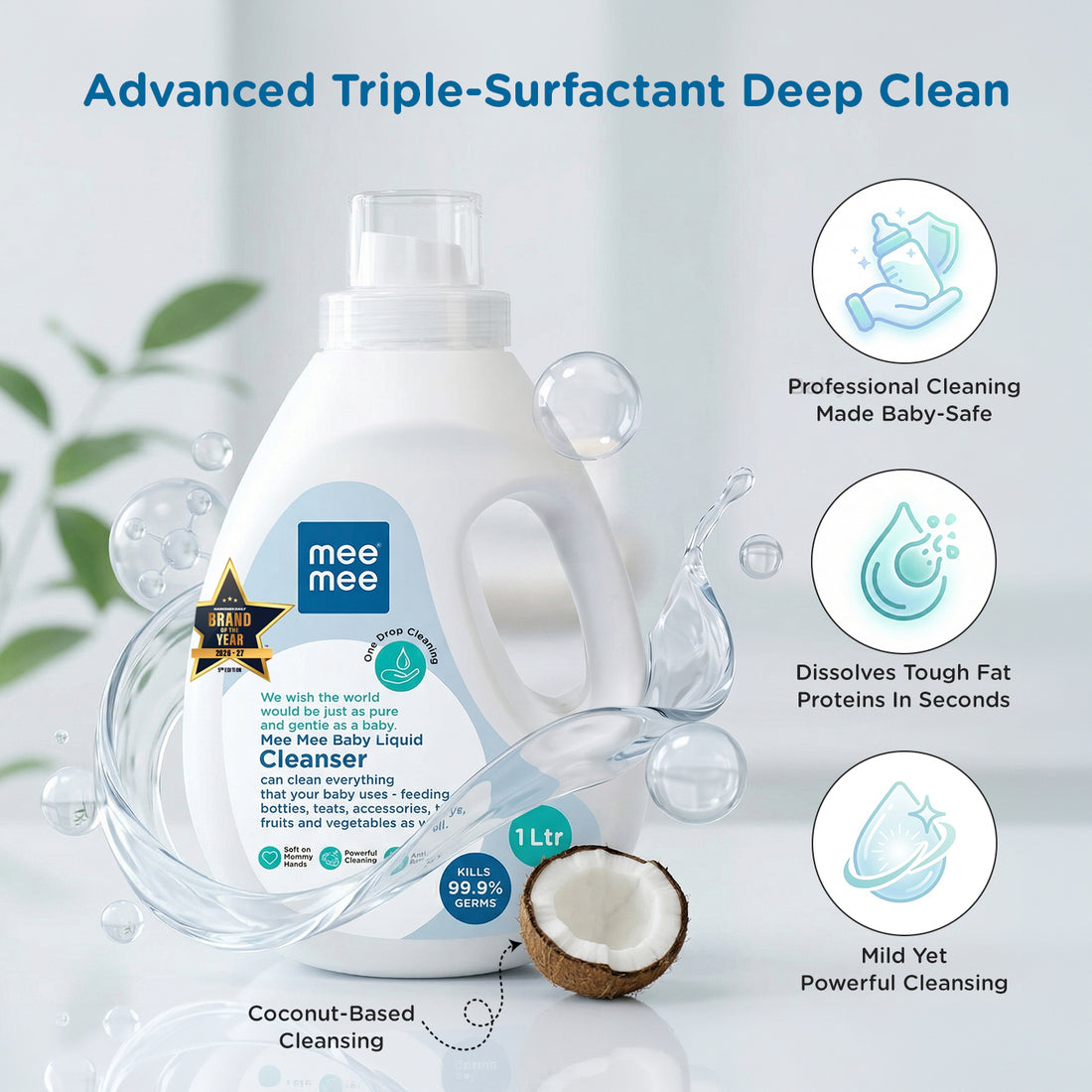 Mee Mee Liquid Cleanser 1000ML Anti-Bacterial Kills 99.9% Germs | Cleanser for Bottles, Nipples, Accessories, Toys, Fruits & Vegetables No Alcohol, One Drop Cleaning, Dermatologically Tested