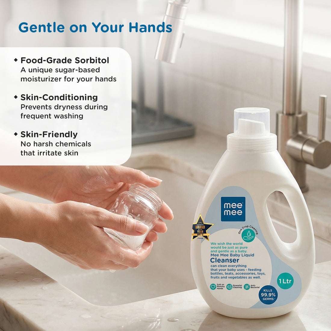 Mee Mee Liquid Cleanser 1000ML Anti-Bacterial Kills 99.9% Germs | Cleanser for Bottles, Nipples, Accessories, Toys, Fruits & Vegetables No Alcohol, One Drop Cleaning, Dermatologically Tested