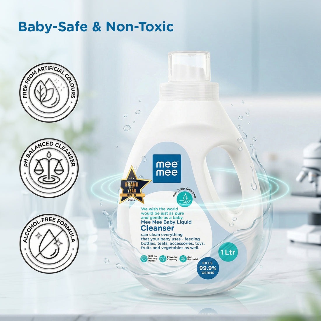 Mee Mee Liquid Cleanser 1000ML Anti-Bacterial Kills 99.9% Germs | Cleanser for Bottles, Nipples, Accessories, Toys, Fruits & Vegetables No Alcohol, One Drop Cleaning, Dermatologically Tested