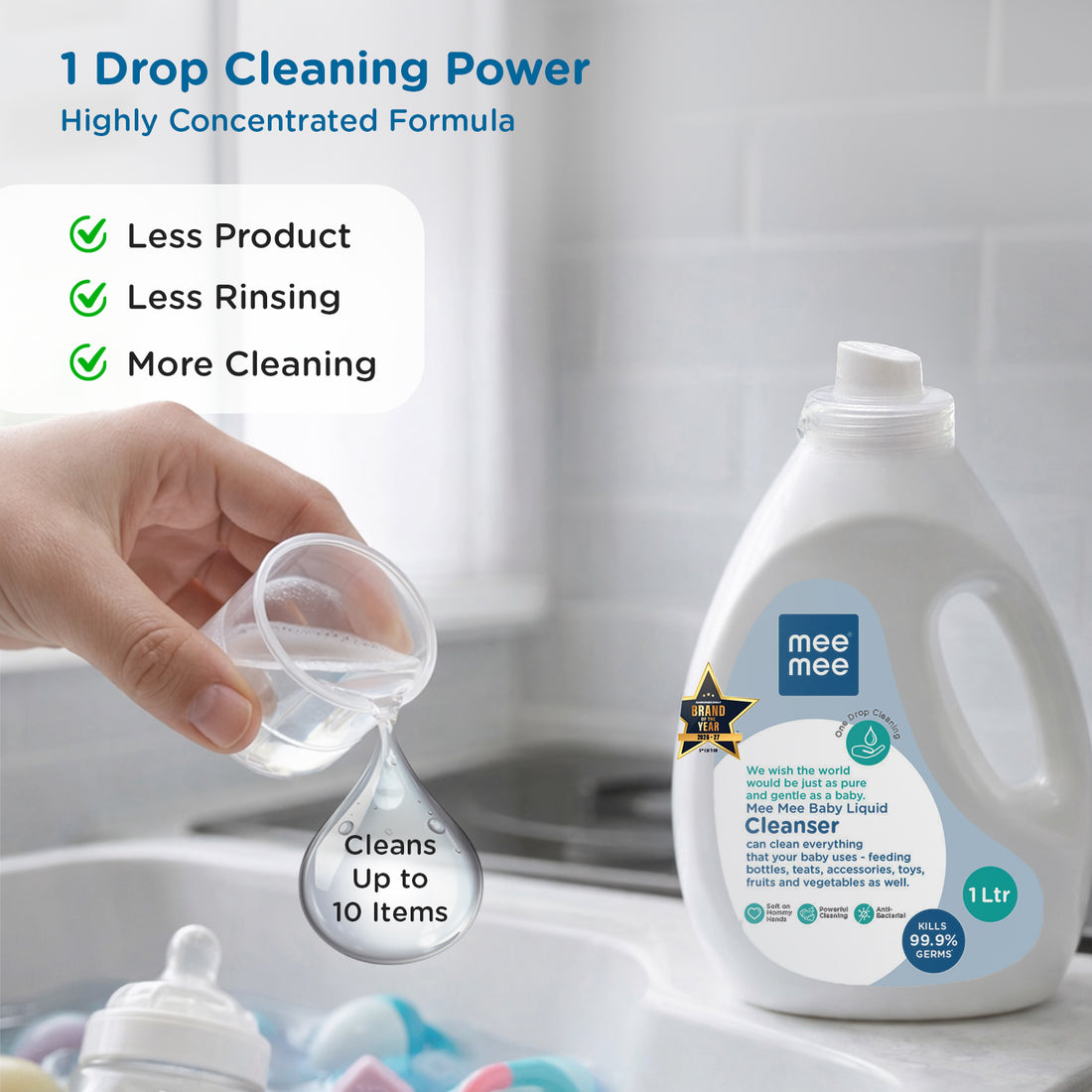 Mee Mee Liquid Cleanser 1000ML Anti-Bacterial Kills 99.9% Germs | Cleanser for Bottles, Nipples, Accessories, Toys, Fruits & Vegetables No Alcohol, One Drop Cleaning, Dermatologically Tested