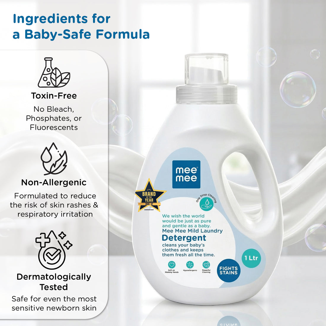 Mee Mee Baby Liquid Detergent 1 L | pH Balanced, Free from Harsh Chemicals, Safe for Mother’s Hands & Baby’s Skin | Anti-Bacterial, Removes Stains & Odor with One Drop, Hypoallergenic
