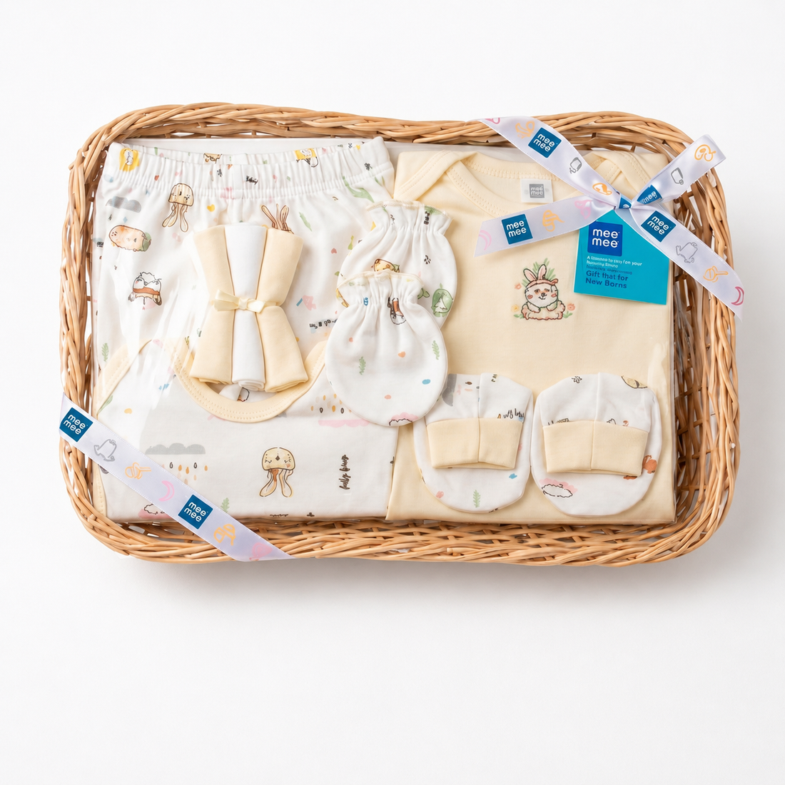 Mee Mee New Born Basket Baby Gift Set | Soft Cotton Clothing Essentials for Infants/Baby Girls, Boys | Baby Shower Clothing Hamper | 8 Pieces