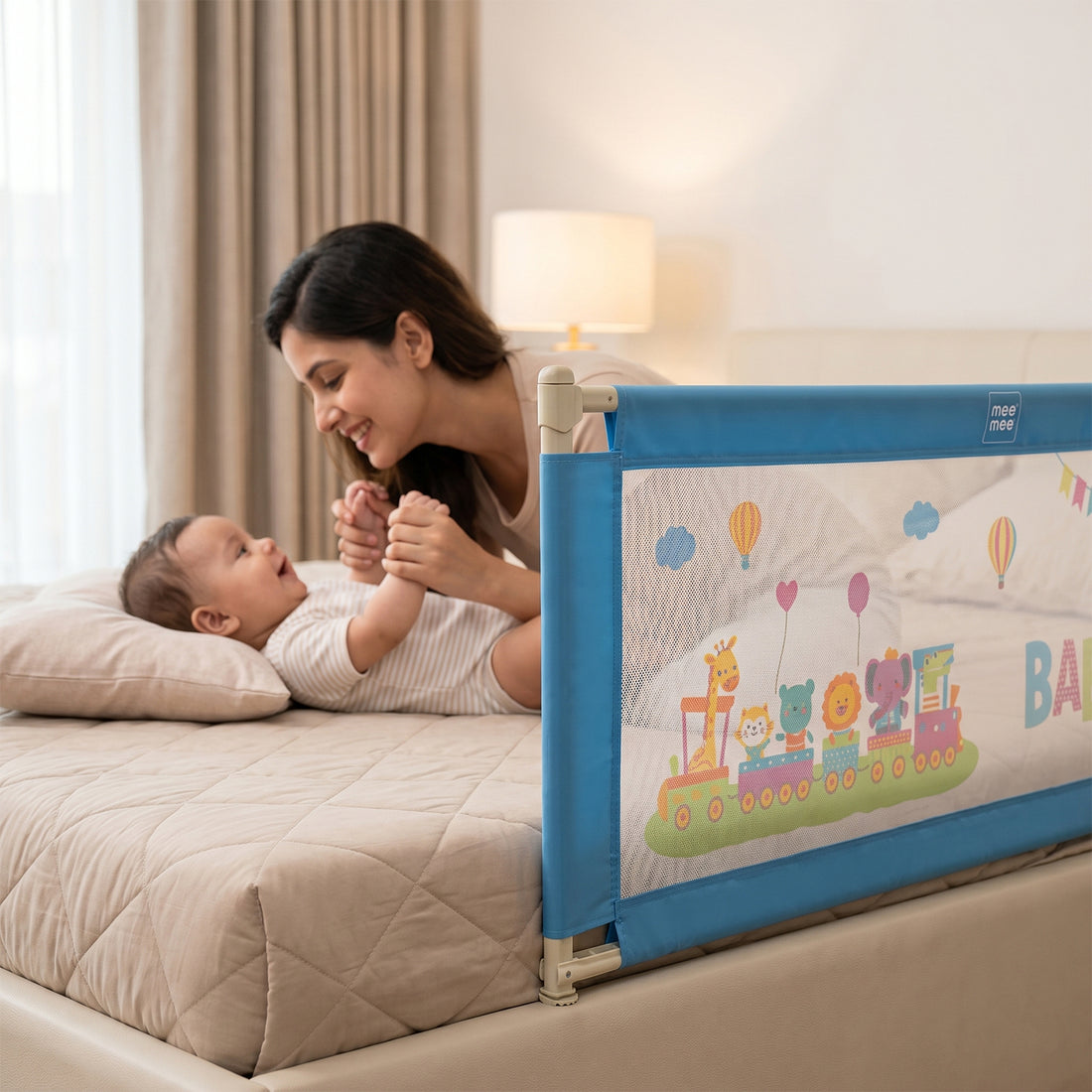 Mee Mee Bed Rail Guard 6 ft (180 × 72 cm) | Adjustable Safety Rail for Babies & Toddlers | Portable Single-Side Guard with Elephant Print (1, Blue)