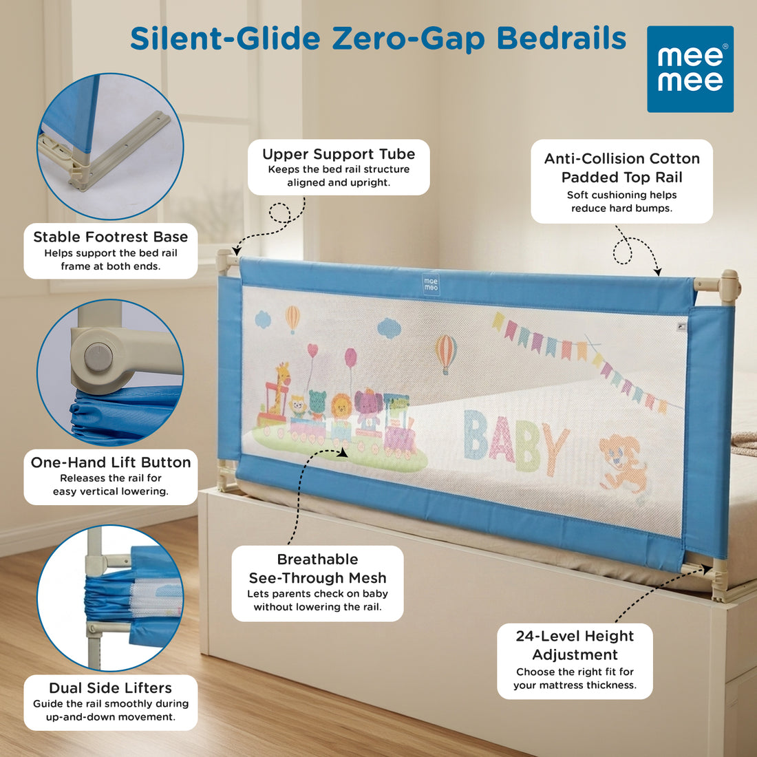 Mee Mee Bed Rail Guard 6 ft (180 × 72 cm) | Adjustable Safety Rail for Babies & Toddlers | Portable Single-Side Guard with Elephant Print (1, Blue)