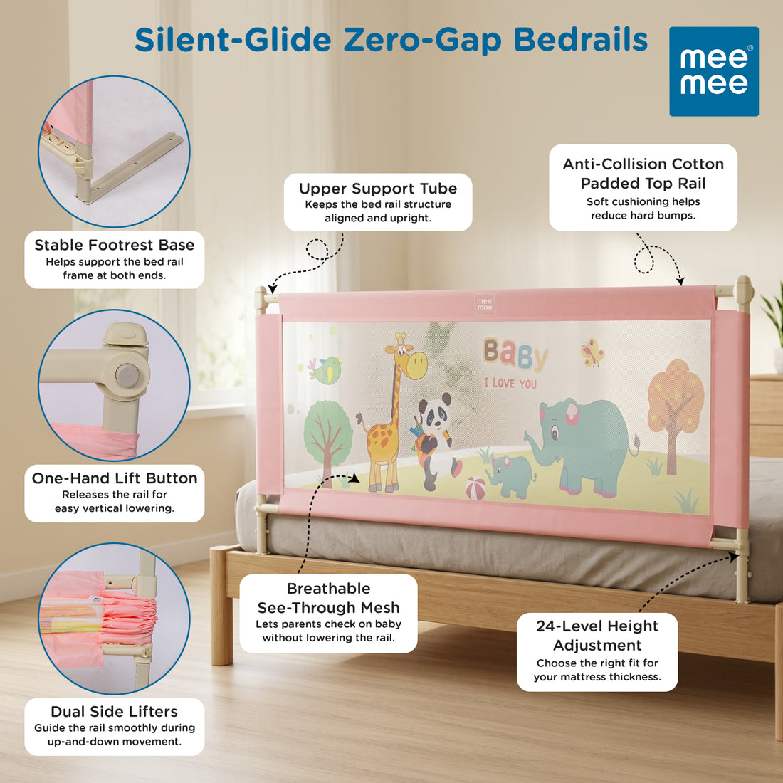 Mee Mee Bed Rail Guard 6 ft (180 × 72 cm) | Adjustable Safety Rail for Babies & Toddlers | Portable Single-Side Guard with Elephant Print (1, Blue)