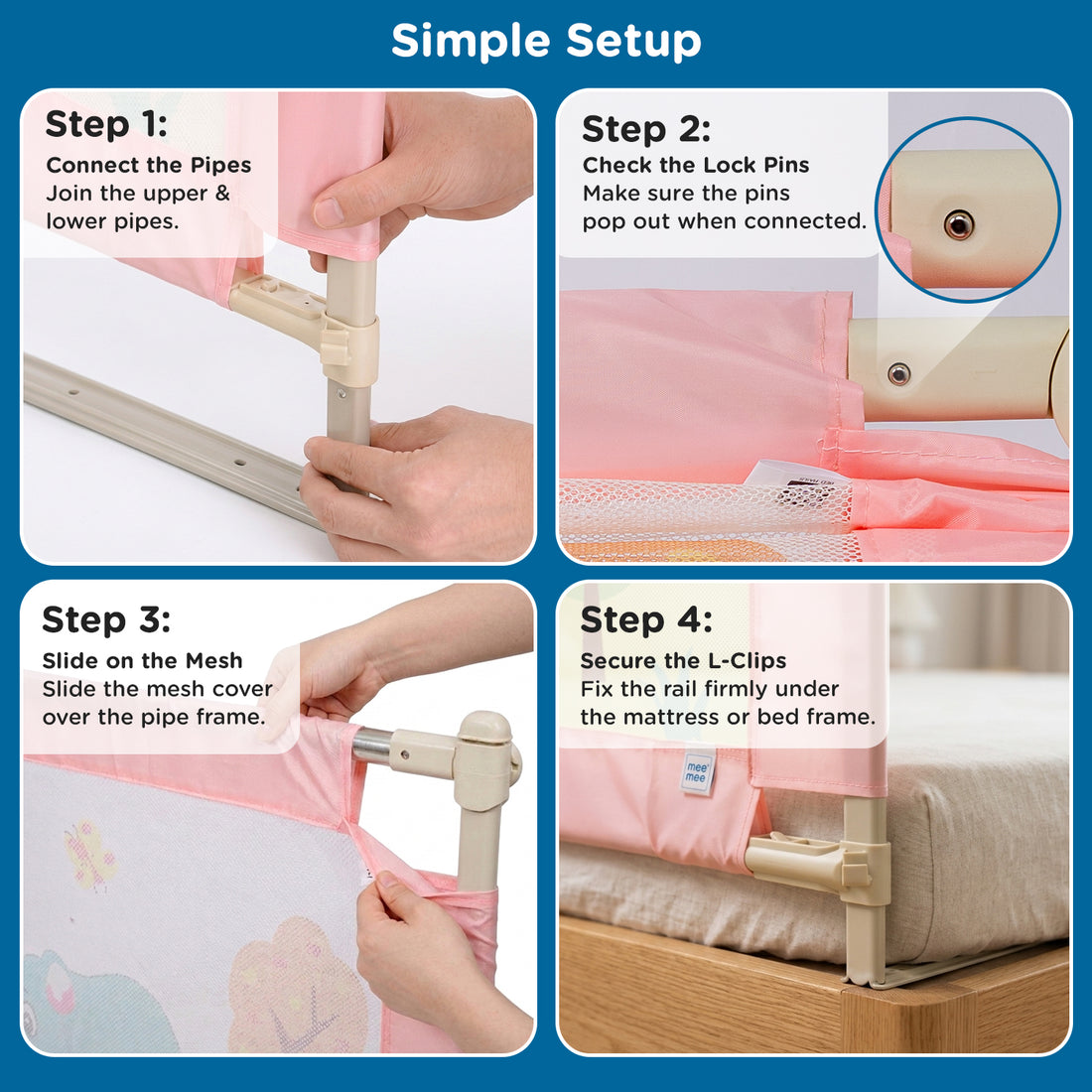 Mee Mee Bed Rail Guard 6 ft (180 × 72 cm) | Adjustable Safety Rail for Babies & Toddlers | Portable Single-Side Guard with Elephant Print (1, Blue)