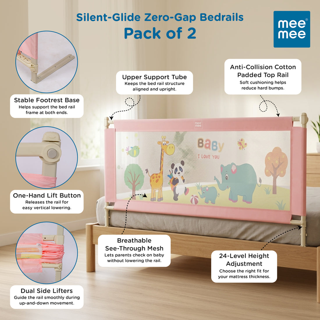 Mee Mee Bed Rail Guard 6 ft (180 × 72 cm) | Adjustable Safety Rail for Babies & Toddlers | Portable Single-Side Guard with Elephant Print (Pack)