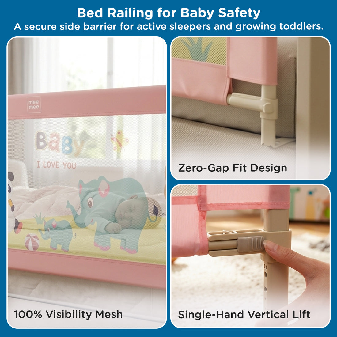 Mee Mee Bed Rail Guard 6 ft (180 × 72 cm) | Adjustable Safety Rail for Babies & Toddlers | Portable Single-Side Guard with Elephant Print (Pack)