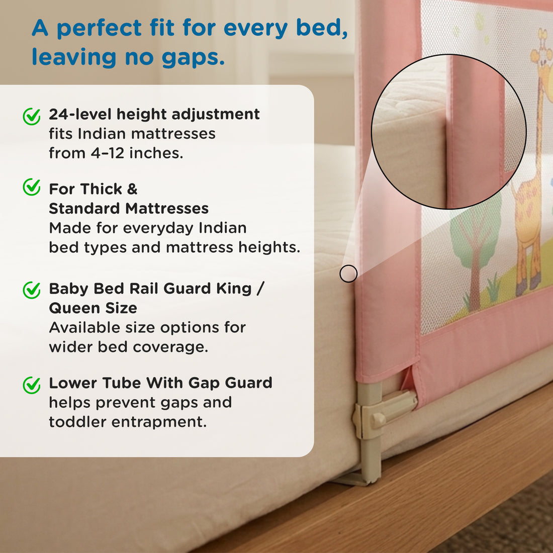 Mee Mee Bed Rail Guard 6 ft (180 × 72 cm) | Adjustable Safety Rail for Babies & Toddlers | Portable Single-Side Guard with Elephant Print (Pack)