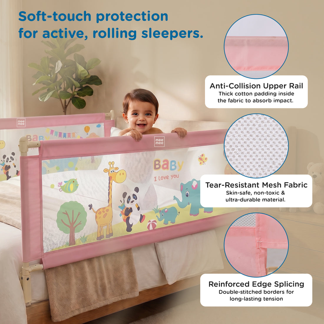 Mee Mee Bed Rail Guard 6 ft (180 × 72 cm) | Adjustable Safety Rail for Babies & Toddlers | Portable Single-Side Guard with Elephant Print (Pack)