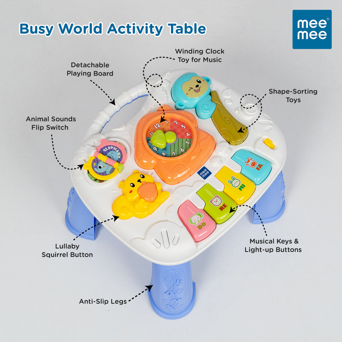 Mee Mee Busy World Activity Table for Babies & Toddlers, Musical Learning Toy with Lights, Piano Keys, Shape Sorter, Animal Sounds, Detachable Play Board, 2-in-1 Table & Floor Play Blue