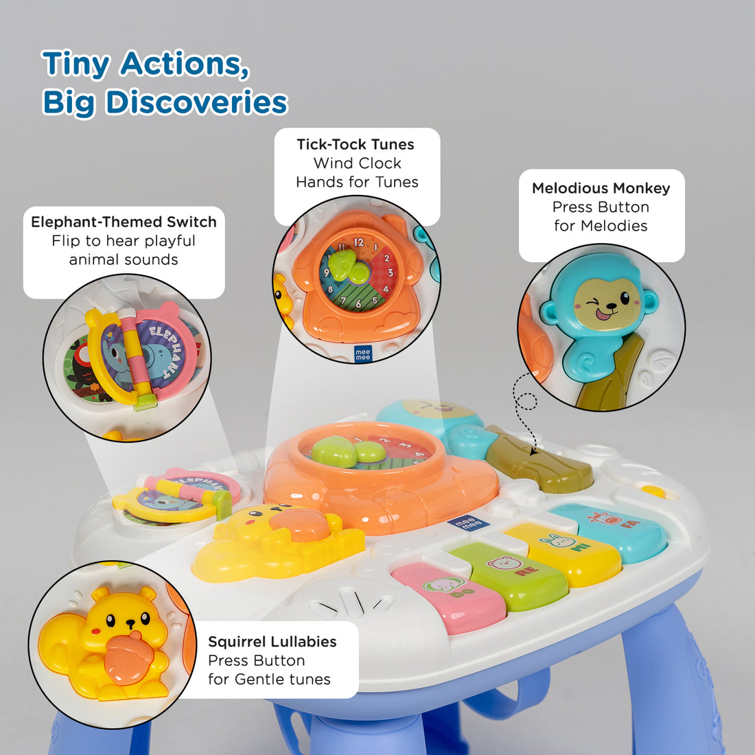 Mee Mee Busy World Activity Table for Babies & Toddlers, Musical Learning Toy with Lights, Piano Keys, Shape Sorter, Animal Sounds, Detachable Play Board, 2-in-1 Table & Floor Play Blue