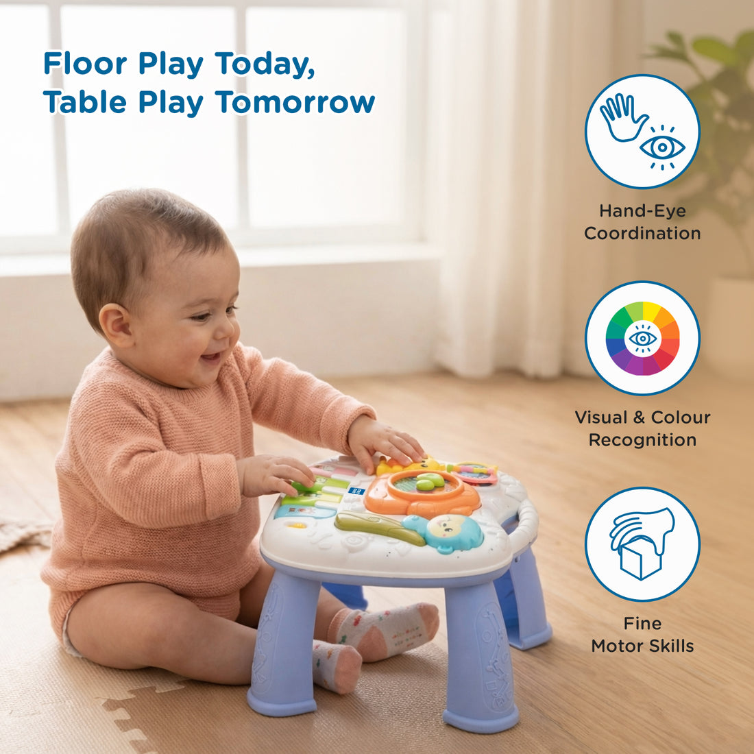 Mee Mee Busy World Activity Table for Babies & Toddlers, Musical Learning Toy with Lights, Piano Keys, Shape Sorter, Animal Sounds, Detachable Play Board, 2-in-1 Table & Floor Play Blue