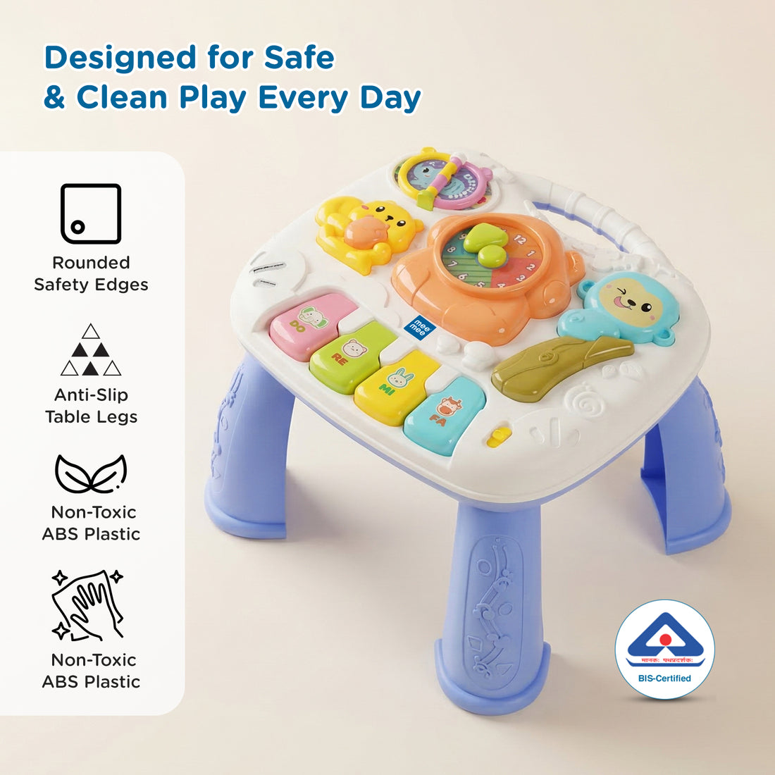 Mee Mee Busy World Activity Table for Babies & Toddlers, Musical Learning Toy with Lights, Piano Keys, Shape Sorter, Animal Sounds, Detachable Play Board, 2-in-1 Table & Floor Play Blue