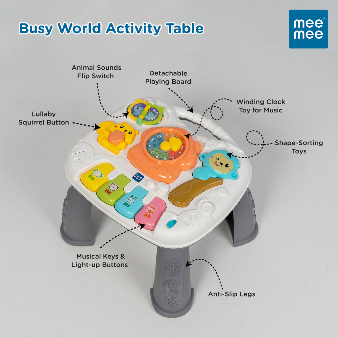 Mee Mee Busy World Activity Table for Babies & Toddlers, Musical Learning Toy with Lights, Piano Keys, Shape Sorter, Animal Sounds, Detachable Play Board, 2-in-1 Table & Floor Play Blue