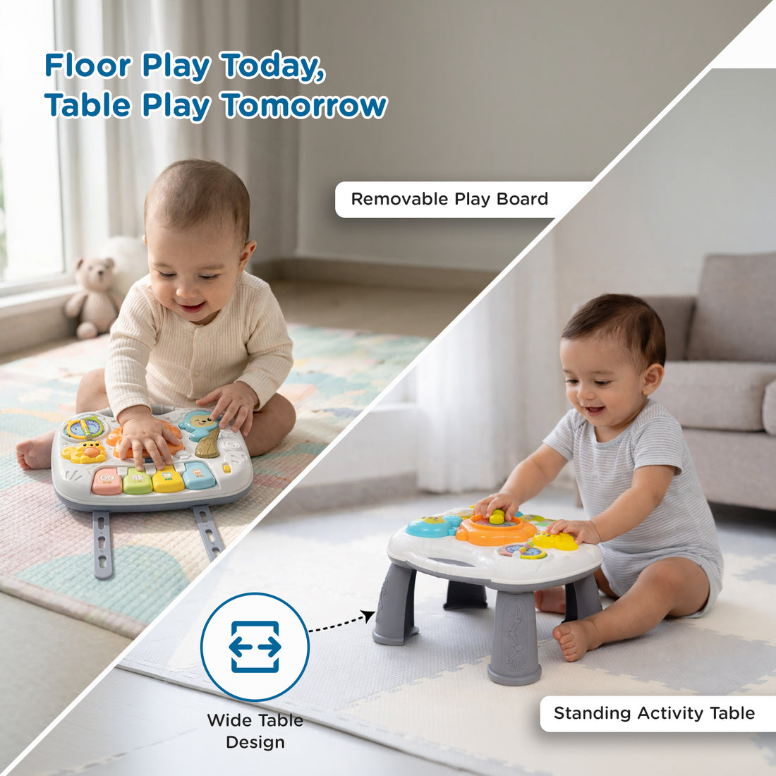 Mee Mee Busy World Activity Table for Babies & Toddlers, Musical Learning Toy with Lights, Piano Keys, Shape Sorter, Animal Sounds, Detachable Play Board, 2-in-1 Table & Floor Play Blue