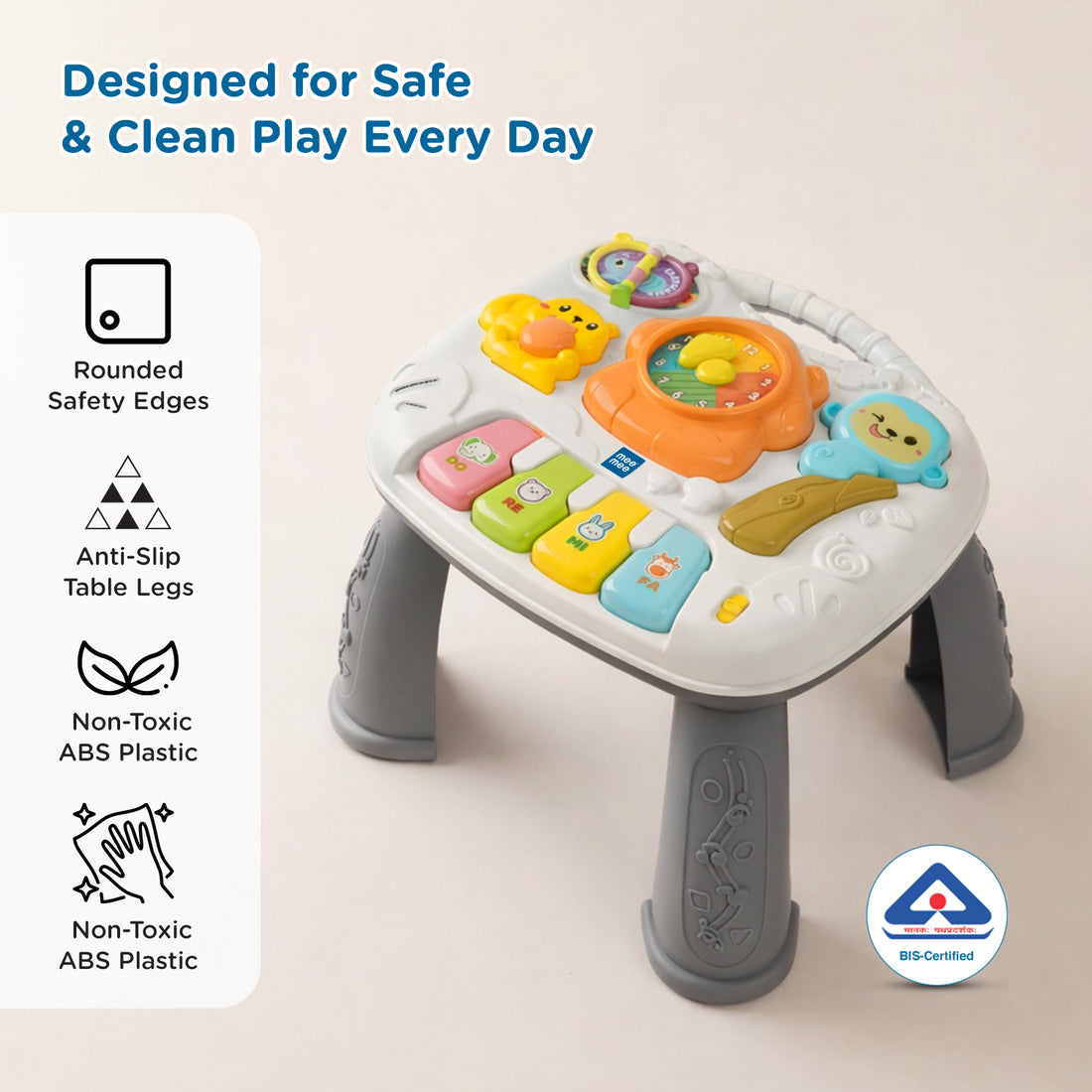 Mee Mee Busy World Activity Table for Babies & Toddlers, Musical Learning Toy with Lights, Piano Keys, Shape Sorter, Animal Sounds, Detachable Play Board, 2-in-1 Table & Floor Play Blue