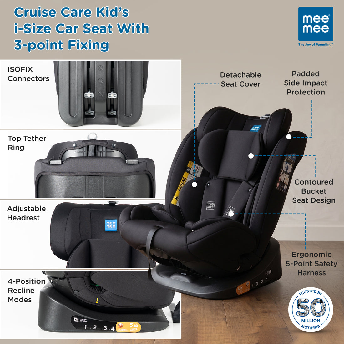 Mee Mee Cruise Care Baby Car Seat for Newborn & Toddler (0–10 Years), Up to 40kg, 360° Side Impact Protection, 5-Point Safety Harness, Adjustable Headrest