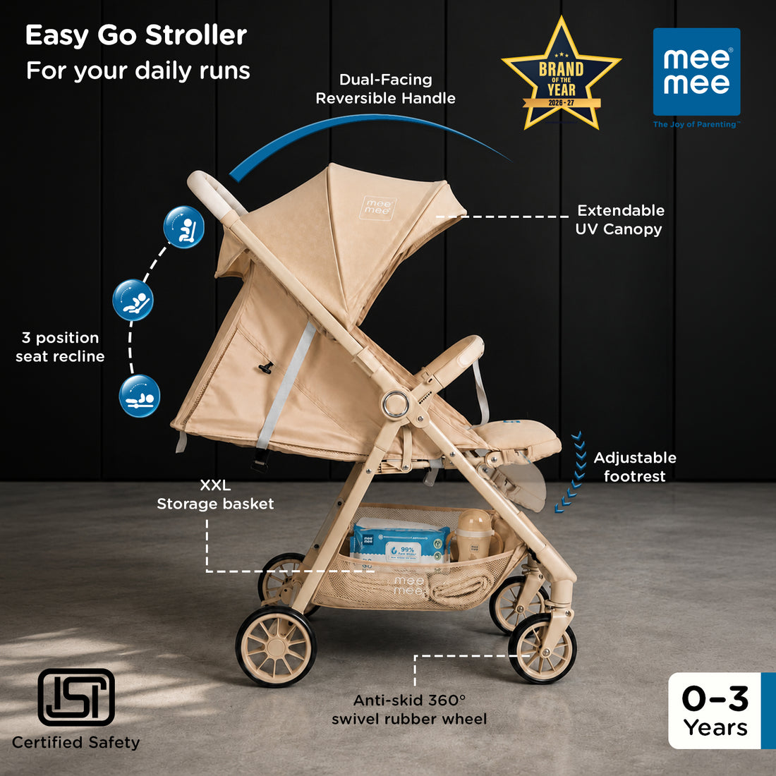 Mee Mee Easy Go Baby Stroller for 0–3 Years | Lightweight Foldable Pram | One-Hand Fold & Portable Travel-Friendly Stroller | Pre-Installed Baby Buggy for Newborn Boys & Girls (Beige)