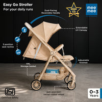 Mee Mee Easy Go Baby Stroller for 0–3 Years | Lightweight Foldable Pram | One-Hand Fold & Portable Travel-Friendly Stroller | Pre-Installed Baby Buggy for Newborn Boys & Girls (Beige)