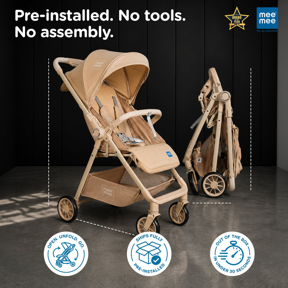 Mee Mee Easy Go Baby Stroller for 0–3 Years | Lightweight Foldable Pram | One-Hand Fold & Portable Travel-Friendly Stroller | Pre-Installed Baby Buggy for Newborn Boys & Girls (Beige)