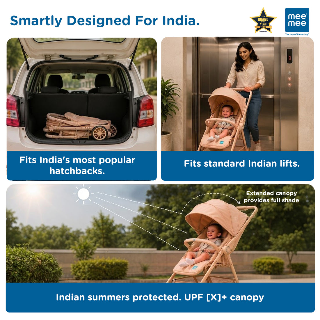 Mee Mee Easy Go Baby Stroller for 0–3 Years | Lightweight Foldable Pram | One-Hand Fold & Portable Travel-Friendly Stroller | Pre-Installed Baby Buggy for Newborn Boys & Girls (Beige)