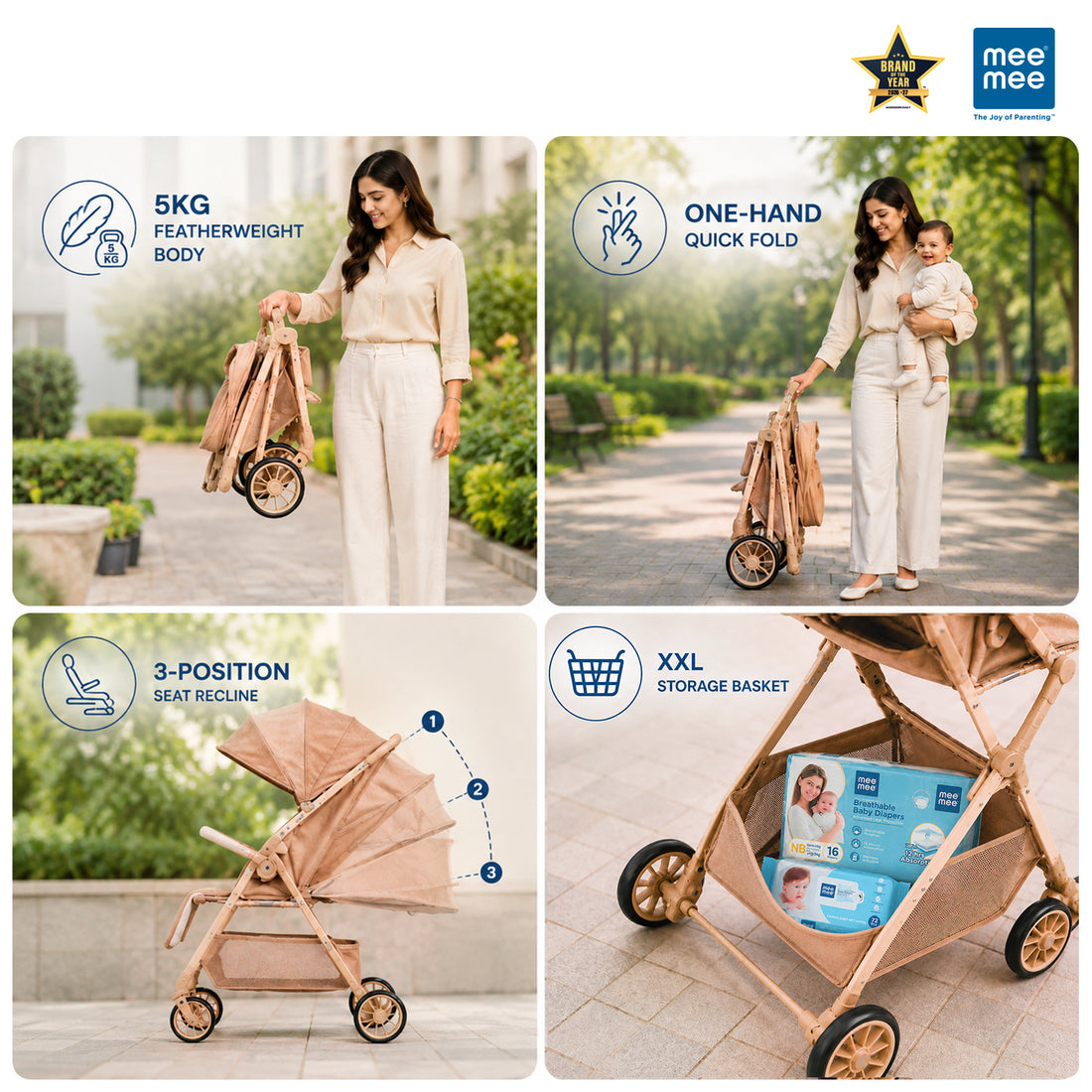 Mee Mee Easy Go Baby Stroller for 0–3 Years | Lightweight Foldable Pram | One-Hand Fold & Portable Travel-Friendly Stroller | Pre-Installed Baby Buggy for Newborn Boys & Girls (Beige)