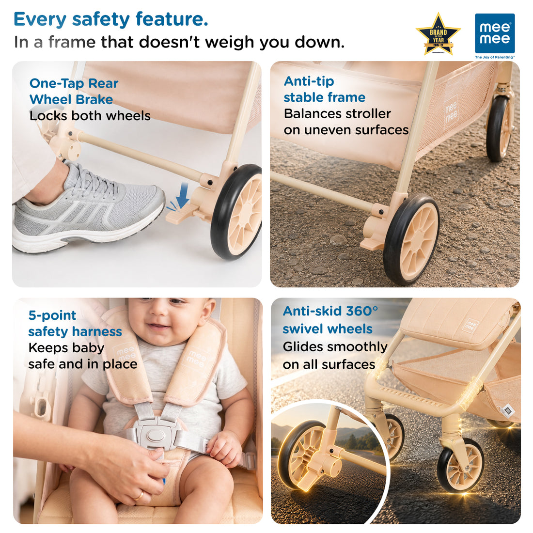 Mee Mee Easy Go Baby Stroller for 0–3 Years | Lightweight Foldable Pram | One-Hand Fold & Portable Travel-Friendly Stroller | Pre-Installed Baby Buggy for Newborn Boys & Girls (Beige)