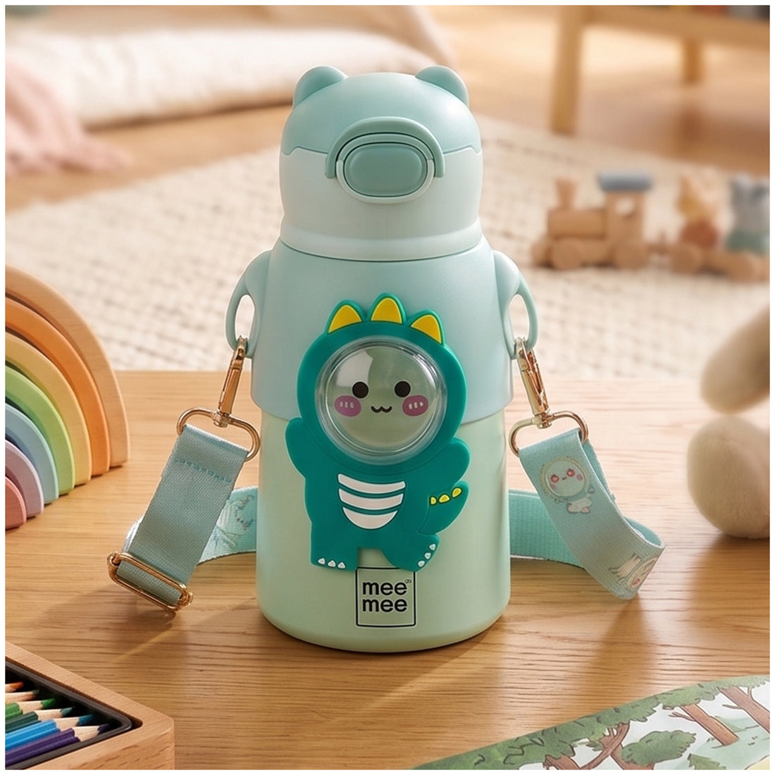 Mee Mee Happy Sips 500 ml SS316 Stainless Steel Kids Water Bottle with Straw, 2 in 1 Sipper Bottle, Hot and Cold Insulated Bottle for School, Travel, 6m+, Dino Theme, Pastel Aqua