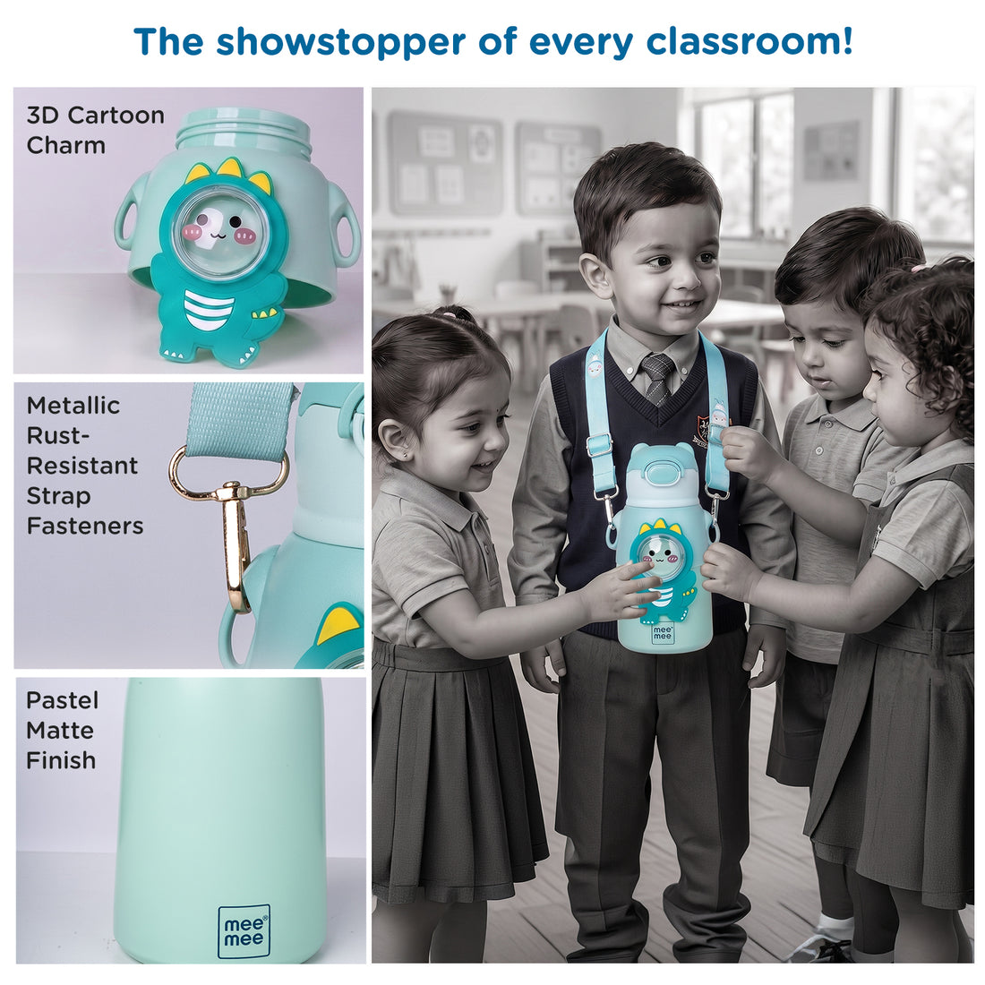 Mee Mee Happy Sips 500 ml SS316 Stainless Steel Kids Water Bottle with Straw, 2 in 1 Sipper Bottle, Hot and Cold Insulated Bottle for School, Travel, 6m+, Dino Theme, Pastel Aqua