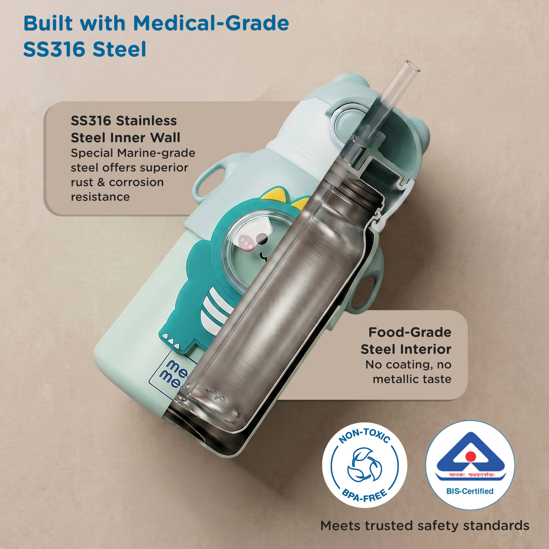 Mee Mee Happy Sips 500 ml SS316 Stainless Steel Kids Water Bottle with Straw, 2 in 1 Sipper Bottle, Hot and Cold Insulated Bottle for School, Travel, 6m+, Dino Theme, Pastel Aqua