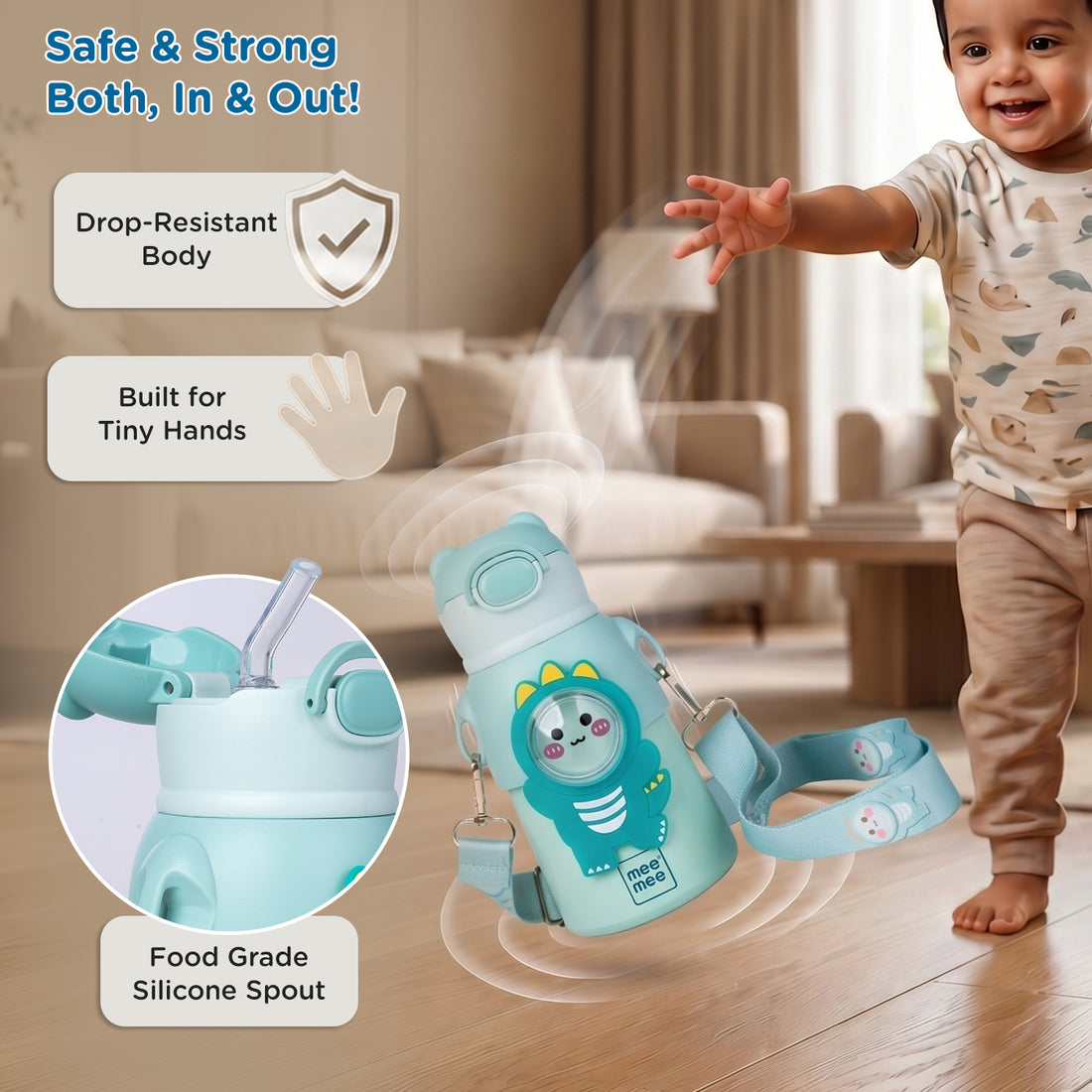 Mee Mee Happy Sips 500 ml SS316 Stainless Steel Kids Water Bottle with Straw, 2 in 1 Sipper Bottle, Hot and Cold Insulated Bottle for School, Travel, 6m+, Dino Theme, Pastel Aqua