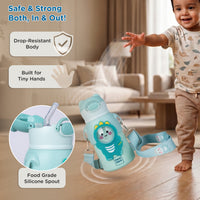 Mee Mee Happy Sips 500 ml SS316 Stainless Steel Kids Water Bottle with Straw, 2 in 1 Sipper Bottle, Hot and Cold Insulated Bottle for School, Travel, 6m+, Dino Theme, Pastel Aqua