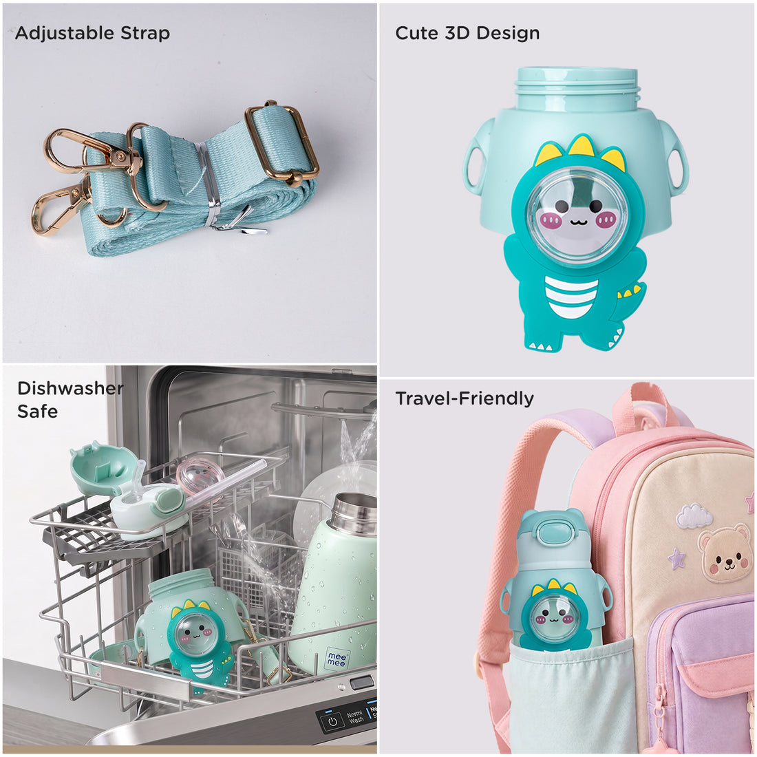 Mee Mee Happy Sips 500 ml SS316 Stainless Steel Kids Water Bottle with Straw, 2 in 1 Sipper Bottle, Hot and Cold Insulated Bottle for School, Travel, 6m+, Dino Theme, Pastel Aqua