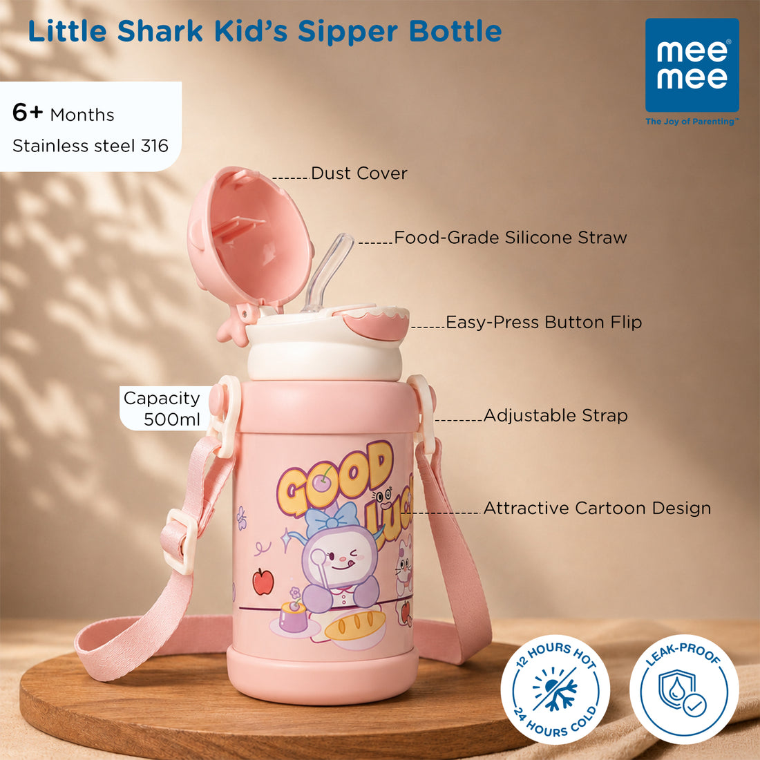 Mee Mee Little Shark Smart-Temp 2-in-1 Sipper & Spout Bottle, 500ml, Vacuum Insulated SUS 316 Stainless Steel Water Bottle with Temperature Display, Leak-Proof & Travel Friendly