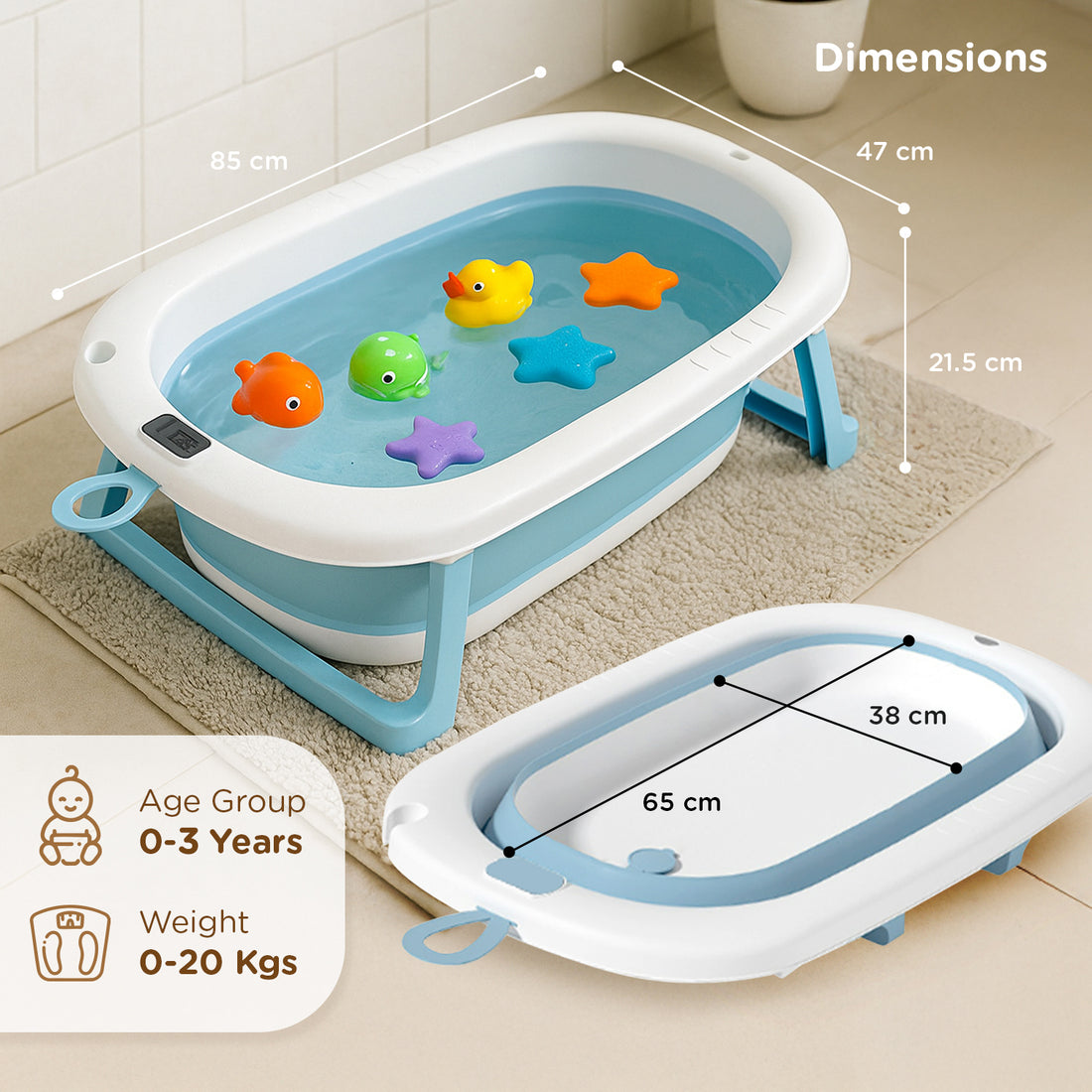 Mee Mee Baby Bath Tub with Digital Temperature Display | Foldable BPA-Free Infant Tub with Anti-Skid Base, Insulated Walls & Drain Plug | Included Components: Tub, Drain Plug | 0–5 Years (Up to 20 kg) (Blue)