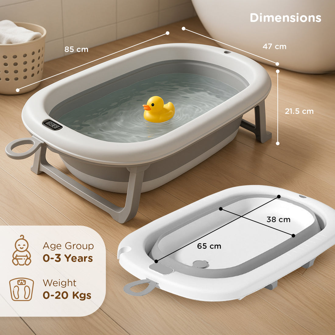 Mee Mee Baby Bath Tub with Digital Temperature Display | Foldable BPA-Free Infant Tub with Anti-Skid Base, Insulated Walls & Drain Plug | Included Components: Tub, Drain Plug | 0–5 Years (Up to 20 kg)(Grey)