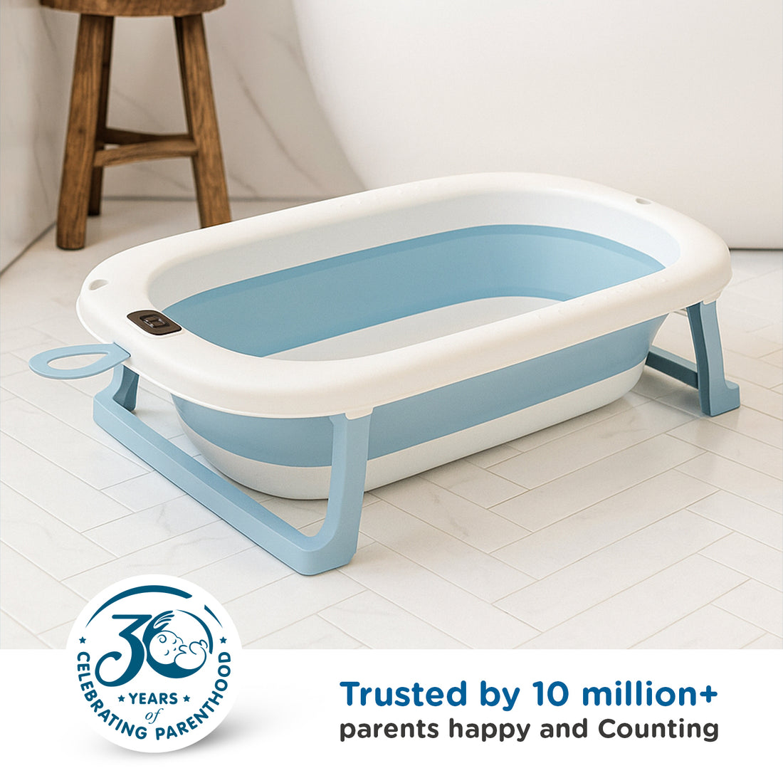 Mee Mee Baby Bath Tub with Digital Temperature Display | Foldable BPA-Free Infant Tub with Anti-Skid Base, Insulated Walls & Drain Plug | Included Components: Tub, Drain Plug | 0–5 Years (Up to 20 kg) (Blue)