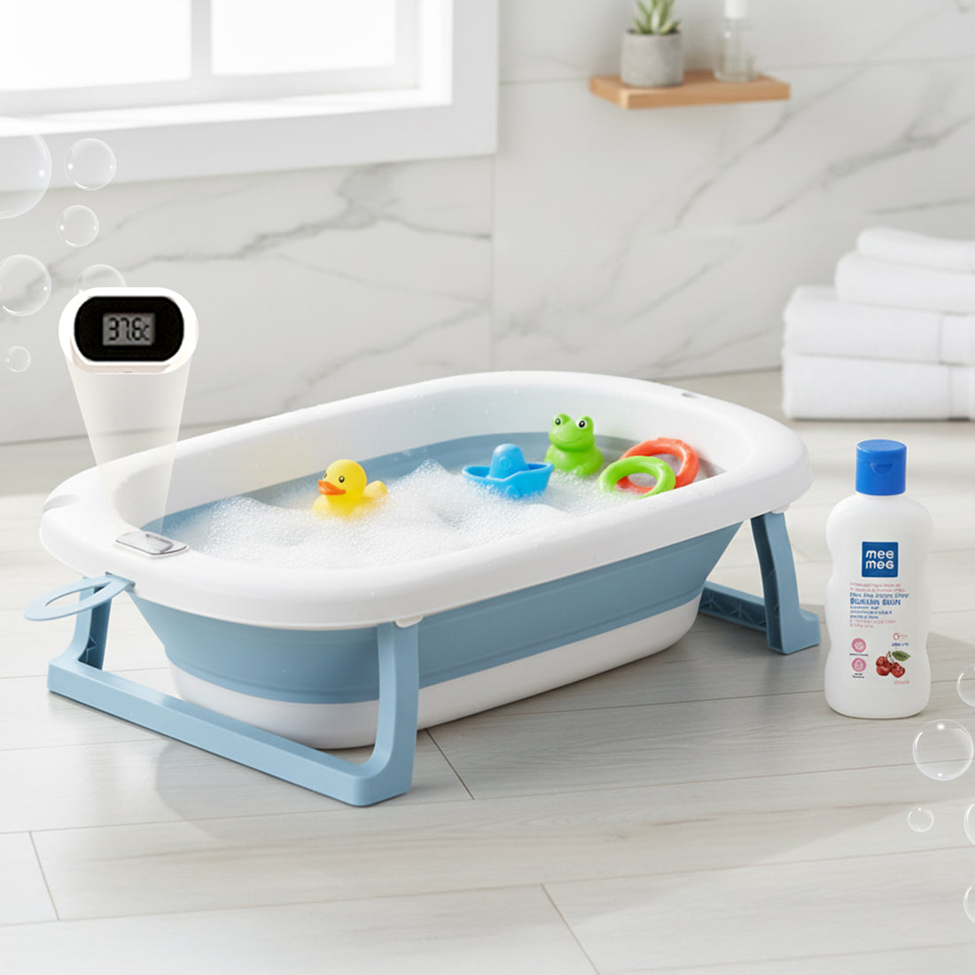 Mee Mee Baby Bath Tub with Digital Temperature Display | Foldable BPA-Free Infant Tub with Anti-Skid Base, Insulated Walls & Drain Plug | Included Components: Tub, Drain Plug | 0–5 Years (Up to 20 kg) (Blue)