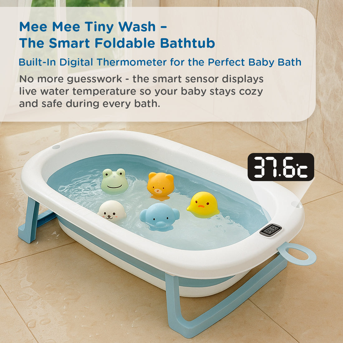 Mee Mee Baby Bath Tub with Digital Temperature Display | Foldable BPA-Free Infant Tub with Anti-Skid Base, Insulated Walls & Drain Plug | Included Components: Tub, Drain Plug | 0–5 Years (Up to 20 kg) (Blue)