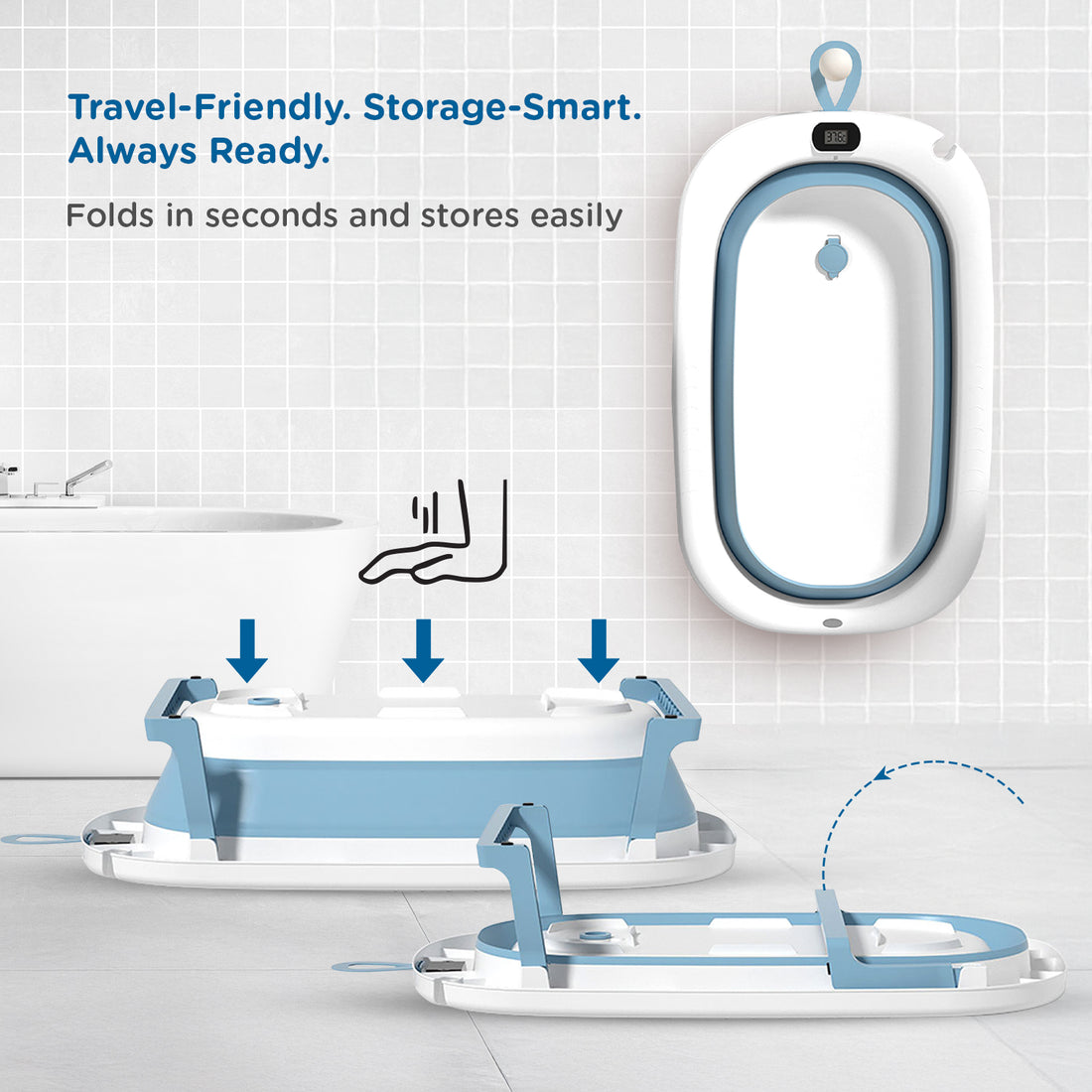Mee Mee Baby Bath Tub with Digital Temperature Display | Foldable BPA-Free Infant Tub with Anti-Skid Base, Insulated Walls & Drain Plug | Included Components: Tub, Drain Plug | 0–5 Years (Up to 20 kg) (Blue)