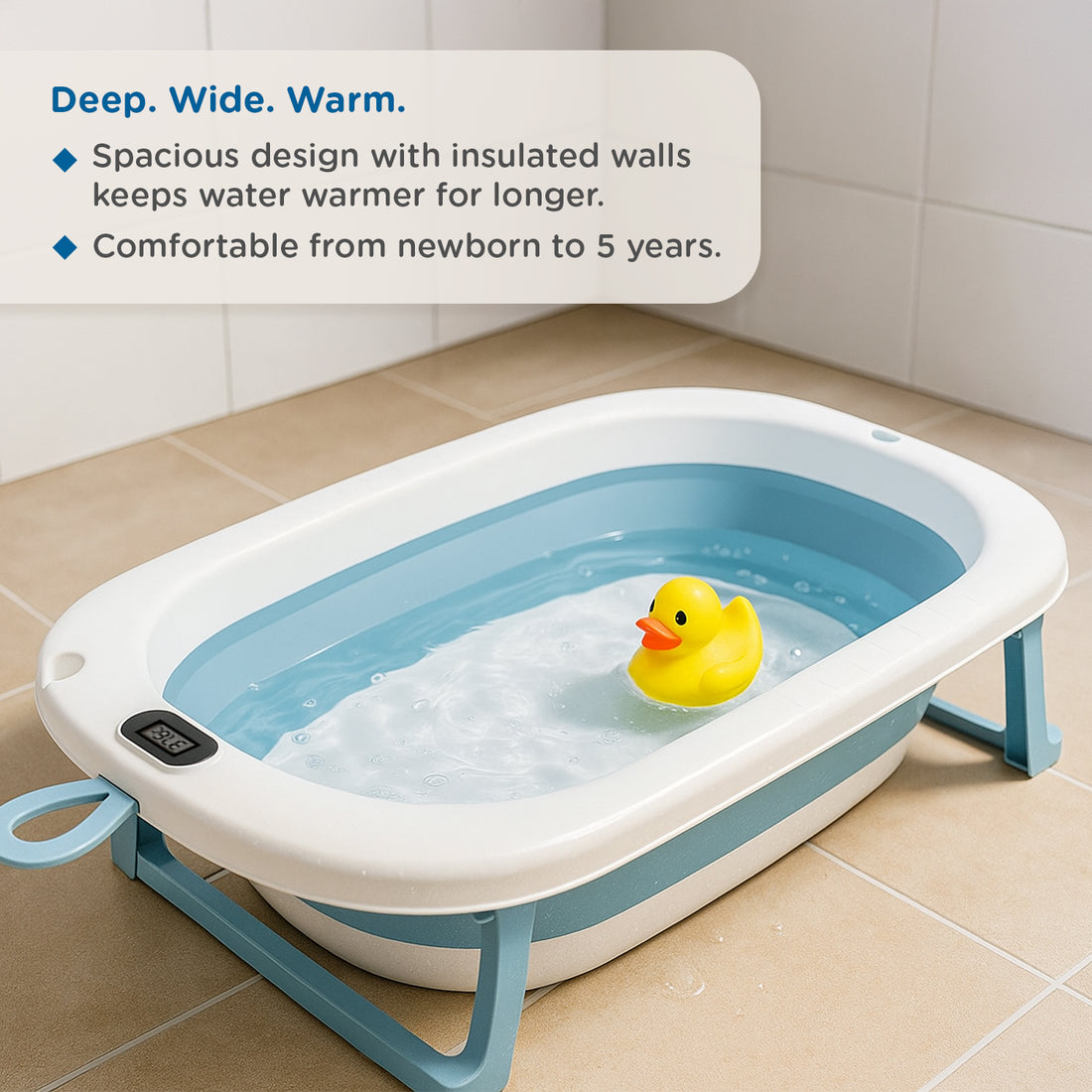 Mee Mee Baby Bath Tub with Digital Temperature Display | Foldable BPA-Free Infant Tub with Anti-Skid Base, Insulated Walls & Drain Plug | Included Components: Tub, Drain Plug | 0–5 Years (Up to 20 kg) (Blue)