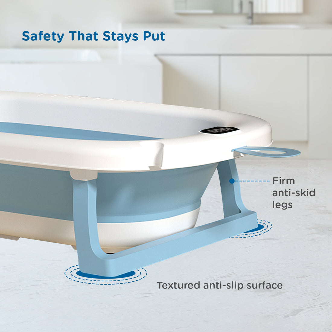 Mee Mee Baby Bath Tub with Digital Temperature Display | Foldable BPA-Free Infant Tub with Anti-Skid Base, Insulated Walls & Drain Plug | Included Components: Tub, Drain Plug | 0–5 Years (Up to 20 kg) (Blue)